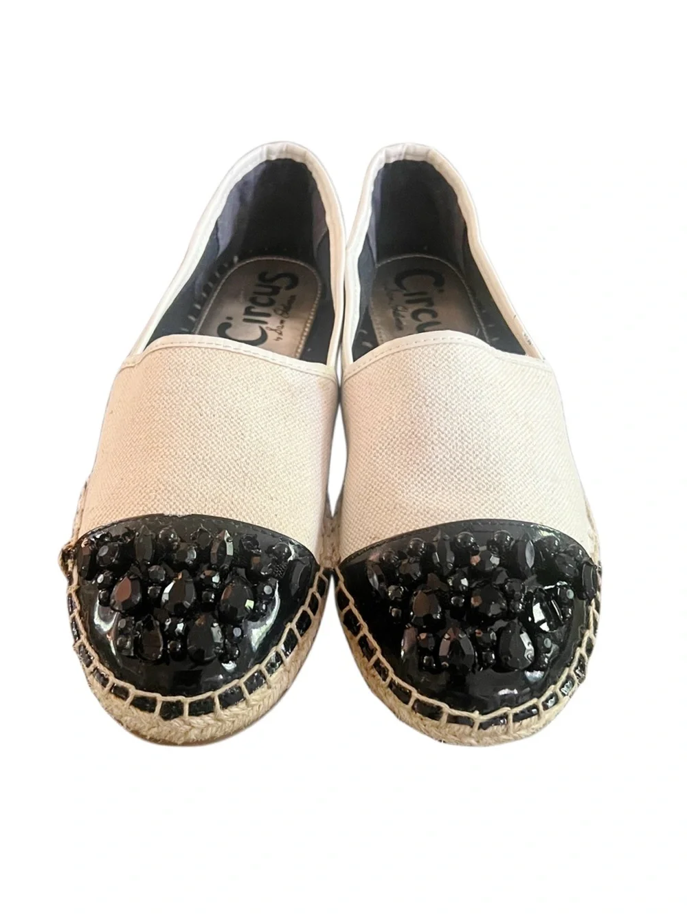 Sam Edelman Canvas Espadrille Flat with Black Jeweled Cap Toe Sz 8.5